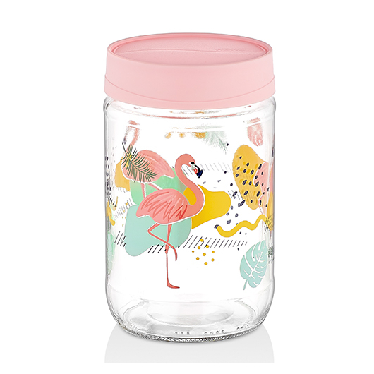 Tároló üveg műanyag csavaros tetővel flamingó mintával 0.66 l