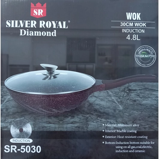 Silver Royal Diamond indukciós wok serpenyő márvány bevonattal 30 cm, 4,8L, bordó márvány